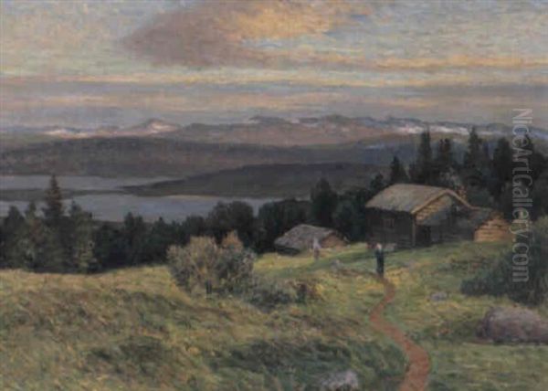 Norrlandskt Insjolandskap Med Gard Oil Painting by Anton Genberg