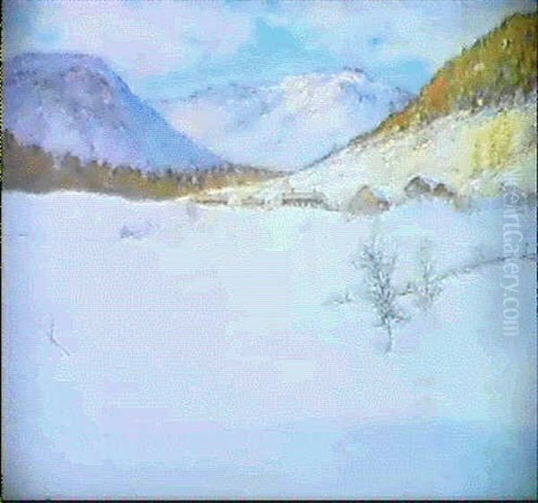 Utsikt Over Fjallandskap Med Gard I Sol- Vinter Oil Painting by Anton Genberg