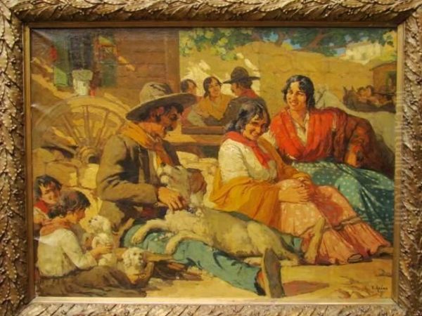 Le Repos Des Gitans, Pres De La Roulotte, Dans Une Ville Du Midi Oil Painting by Ernest Azema