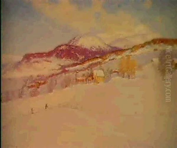 Vinterlandskap Med Skidakare Oil Painting by Anton Genberg