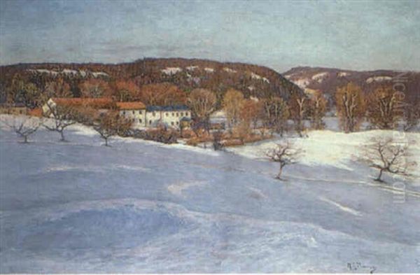 Soligt Vinterlandskap Oil Painting by Anton Genberg