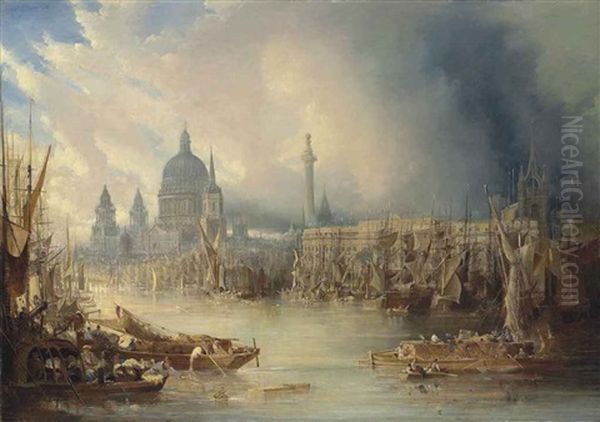 View Of St. Paul's Cathedral And The Monument From The South Bank Of The River Thames Oil Painting by John Gendall