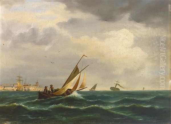 Segelboote Und Dampfschiff In Einer Bucht Vor Hafenhintergrund Oil Painting by Theodor Genenger