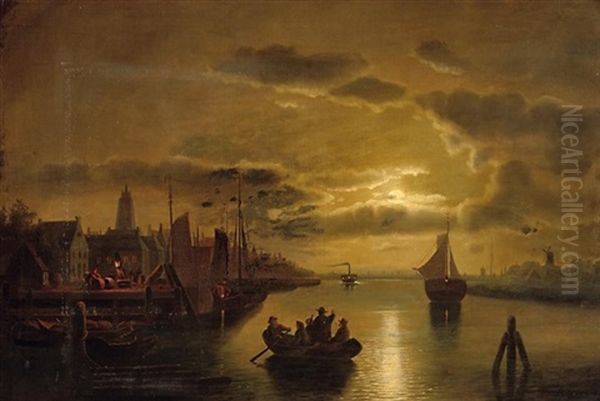 Nachtlicher Hafen Im Mondenschein Oil Painting by Theodor Genenger