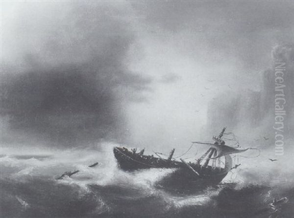 Boot Im Sturm Vor Felsenkuste Oil Painting by Theodor Genenger