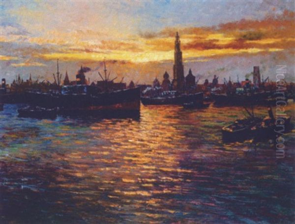 Abend Im Hafen Von Antwerpen Oil Painting by Frans van Genesen