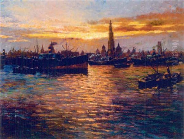 Abend Im Hafen Von Antwerpen Oil Painting by Frans van Genesen