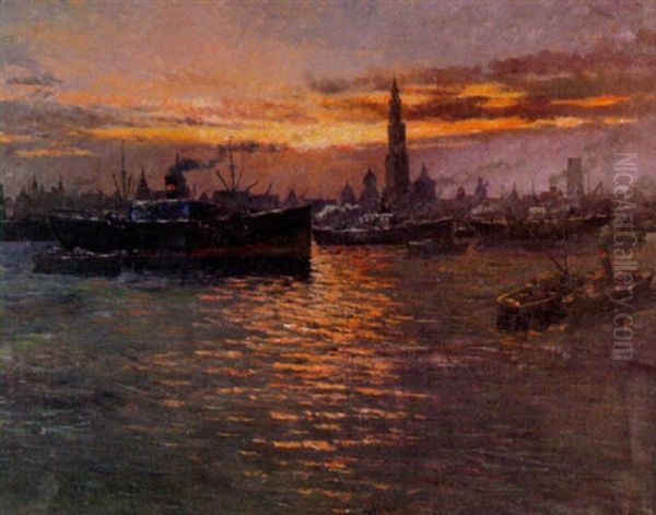 Abend Im Hafen Von Antwerpen Oil Painting by Frans van Genesen