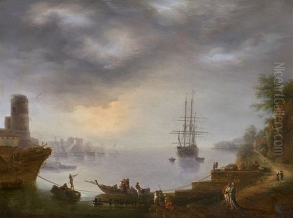 Port Mediterraneen Anime De Figures Au Couchant Oil Painting by Jean Baptiste Francois Genillion