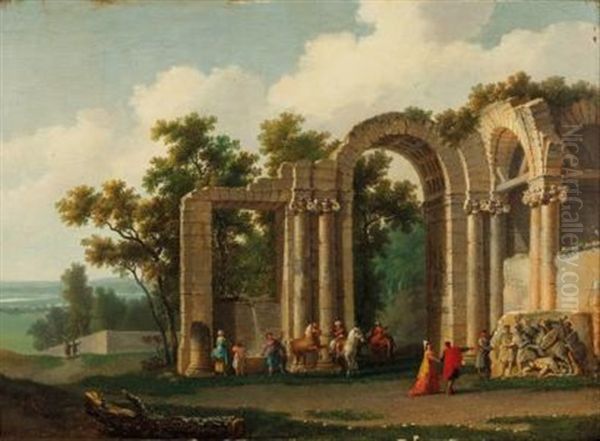 Visiteur Dans Les Ruines Antiques Oil Painting by Jean Baptiste Francois Genillion