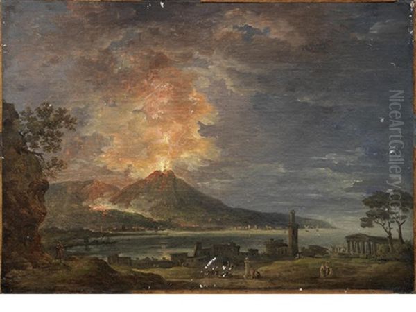 A Capriccio Of Classical Ruins With A Volcano Erupting On The Horizon Oil Painting by Jean Baptiste Francois Genillion