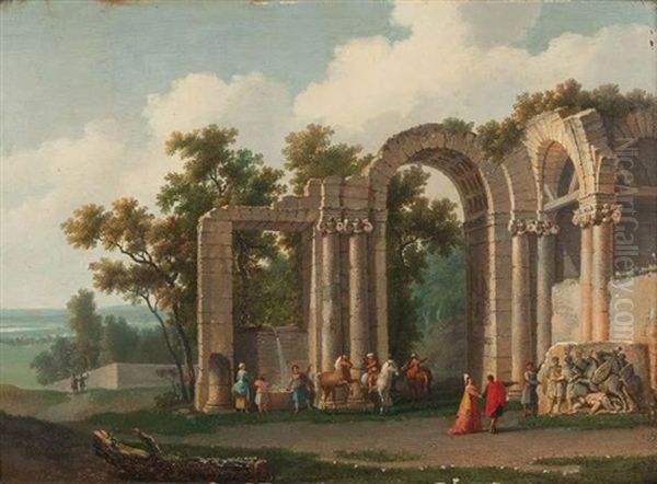 Visiteurs Dans Les Ruines Antiques Oil Painting by Jean Baptiste Francois Genillion