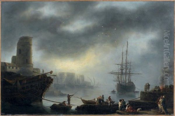 Scene De Port Animee Oil Painting by Jean Baptiste Francois Genillion