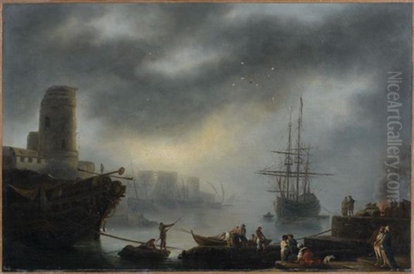 Scene De Port Animee Oil Painting by Jean Baptiste Francois Genillion