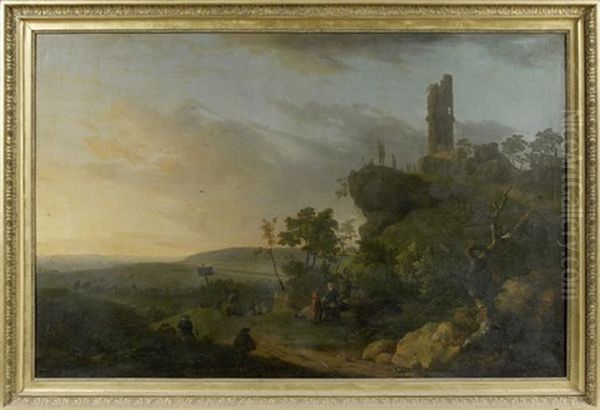 Paysage Avec Une Tour Du Moyen-age En Ruine Et Anime De Personnages Oil Painting by Jean Baptiste Francois Genillion