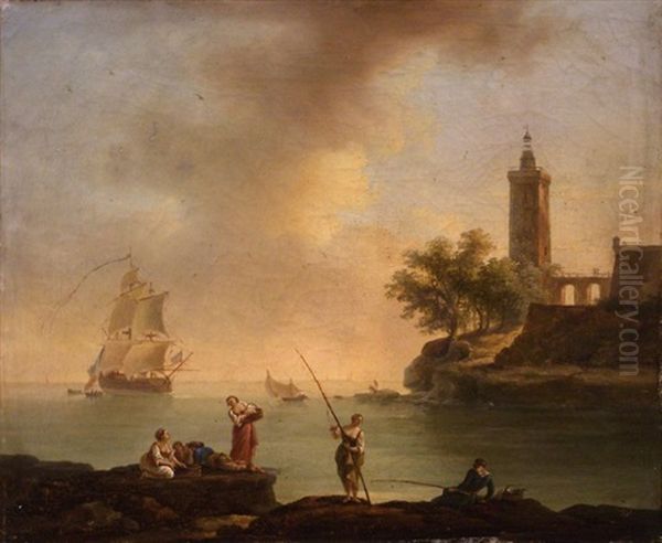 Pecheurs Sur Un Rivage Devant Un Phare Oil Painting by Jean Baptiste Francois Genillion