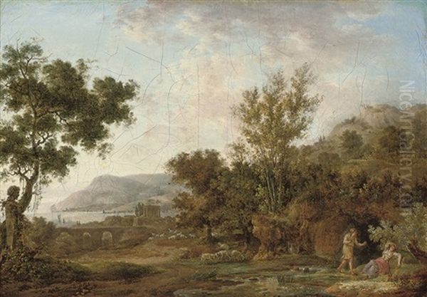 A Wooded River Landscape Oil Painting by Jean Baptiste Francois Genillion