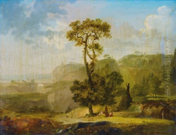 Paysages Classiques Animes De Personnages (pair) Oil Painting by Jean Baptiste Francois Genillion