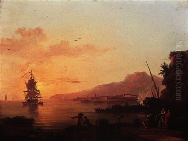 Pecheurs Et Marchands Sur Un Pont Au Soleil Levant (+ Pecheurs Relevant Leurs Filets Au Coucher Du Soleil; Pair) Oil Painting by Jean Baptiste Francois Genillion