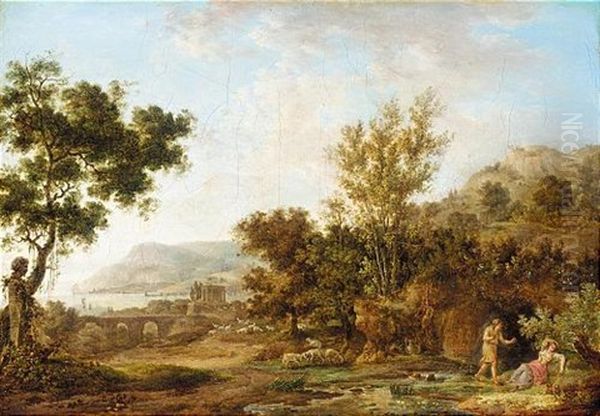 An Arcadian Landscape With A Shepherd Sneaking Up On A Sleeping Maid Oil Painting by Jean Baptiste Francois Genillion