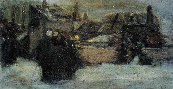 Dorf In Winterdammerung Oil Painting by Robert Genin