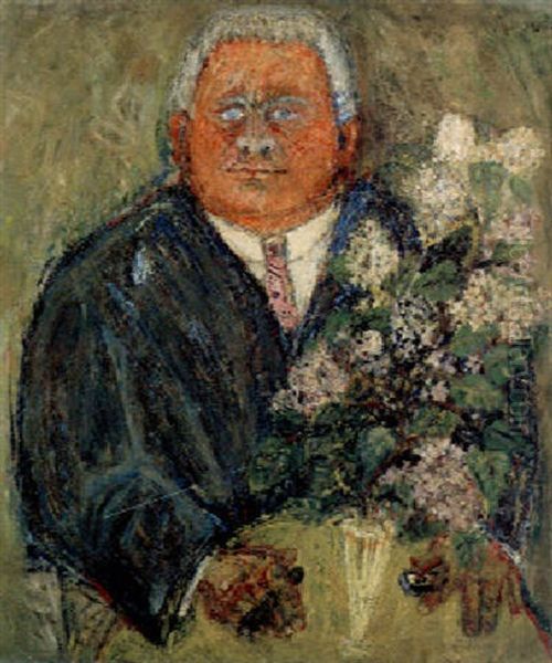 Mann Am Tisch Mit Blumenstraus Oil Painting by Robert Genin