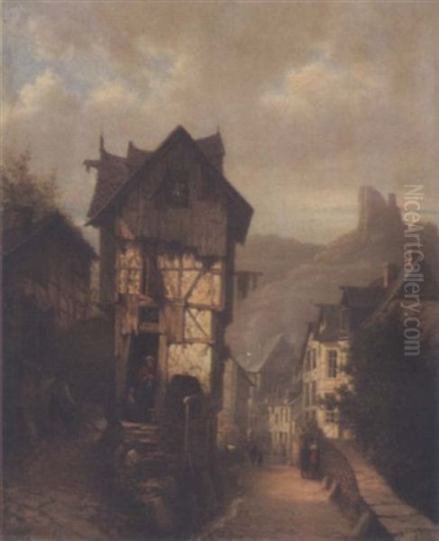 Vue De Ville Dans Un Paysage Montagneux Avec Personnages Oil Painting by Georges Genisson