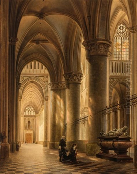 Gothic Ambulatory With Figures At A Tomb Oil Painting by Jules Victor Genisson