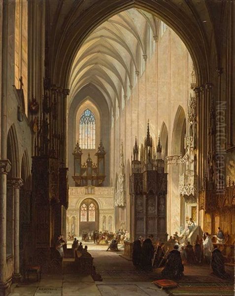 Blick In Eine Lichtdurchflutete Gotische Kathedrale Mit Zahlreichen Glaubigen Bei Einer Messfeier Oil Painting by Jules Victor Genisson