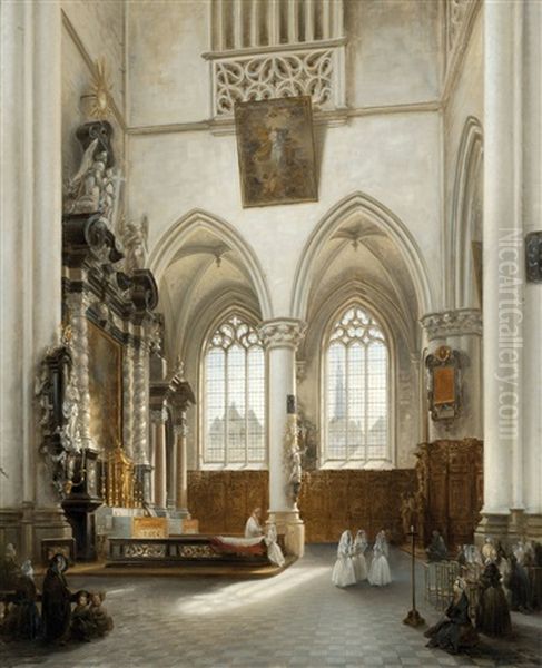 Interior Of The St. Jacob Church Antwerp With Communicants Oil Painting by Jules Victor Genisson