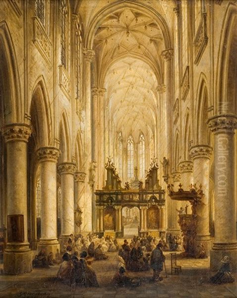 Scene Animee D'interieur D'eglise Oil Painting by Jules Victor Genisson