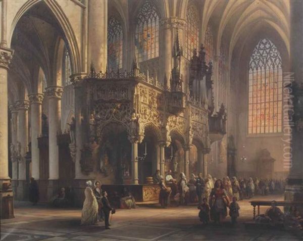 Vue Interieure De L'eglise De Saint-gommaire A Lierre Avec La Distribution Du Pain (the Church Of St. Gommar, Lierre) Oil Painting by Jules Victor Genisson