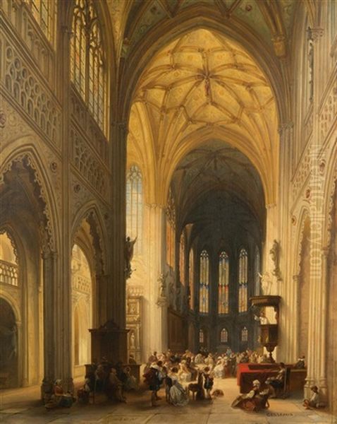 Gothic Cathedral Interior Oil Painting by Jules Victor Genisson