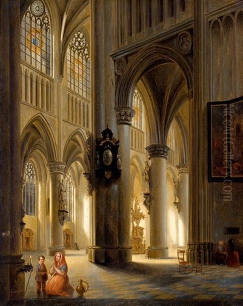 Figuren In Gotische Kerk, Mogelijk De Sint Goedele Kathedraal Te Brussel Oil Painting by Jules Victor Genisson