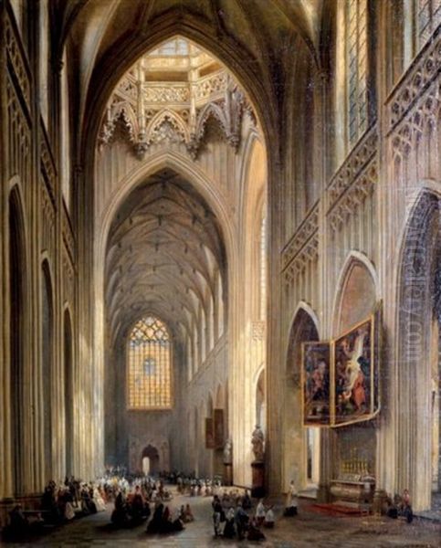 Interieur De La Cathedrale D'anvers Et Le Triptyque De Rubens Oil Painting by Jules Victor Genisson