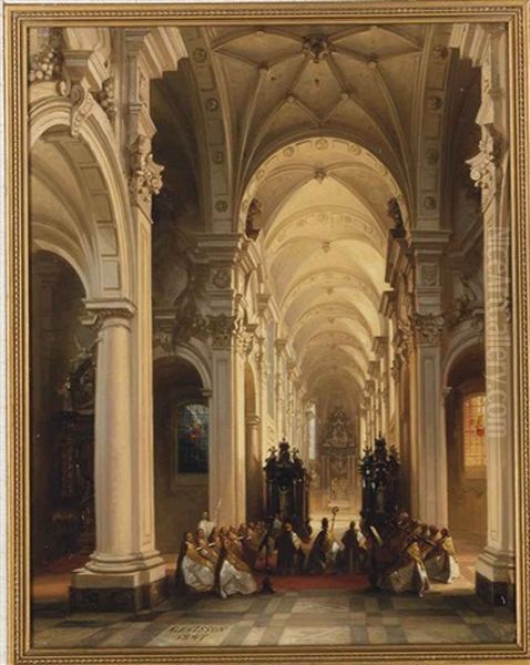 An Evening Service In The Church At Averbode, Belgium by Jules Victor Genisson