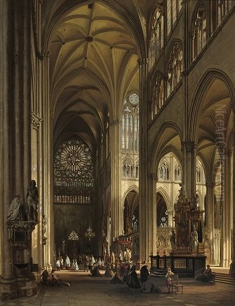 Interior Of The Amiens Cathedral With The Northern Transept Rose Oil Painting by Jules Victor Genisson