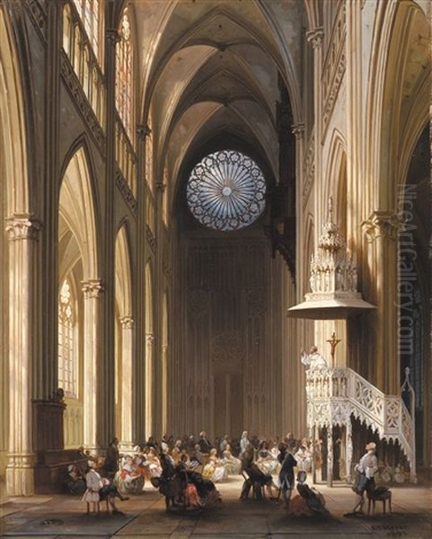 Interieur Van De Saint-etiennekathedraal Te Metz Oil Painting by Jules Victor Genisson