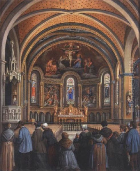 A Church Interior With Parishioners Oil Painting by Jules Victor Genisson