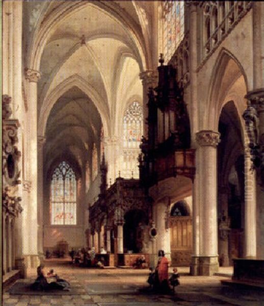 The Interior Of St. Gommarus Church, Lier, With Worshippers At The Altar Oil Painting by Jules Victor Genisson