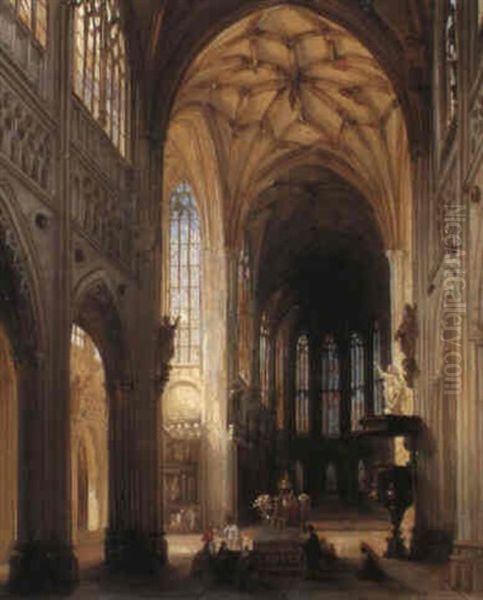 Interior Of A Cathedral Oil Painting by Jules Victor Genisson