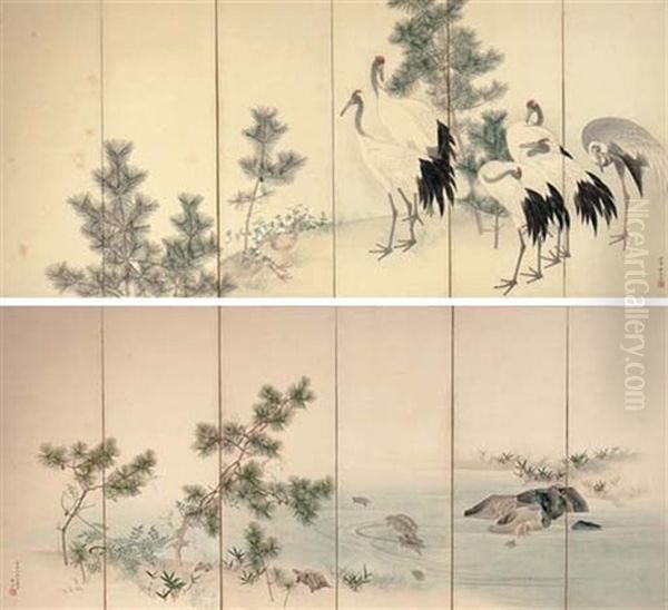 Cranes And Turtles By Young Pines (+ Another; Pair) by Komai Genki