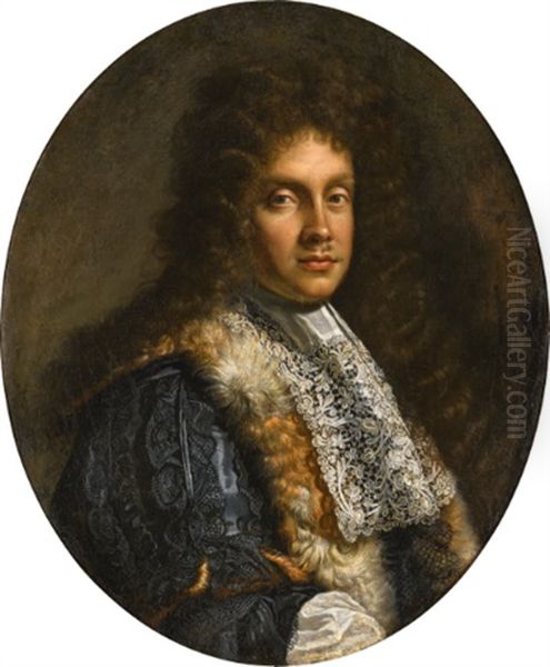 Portrait Of A Man, Bust-length, In A Fur-trimmed Cloak And White Lace Cravat Oil Painting by Benedetto Gennari the Elder