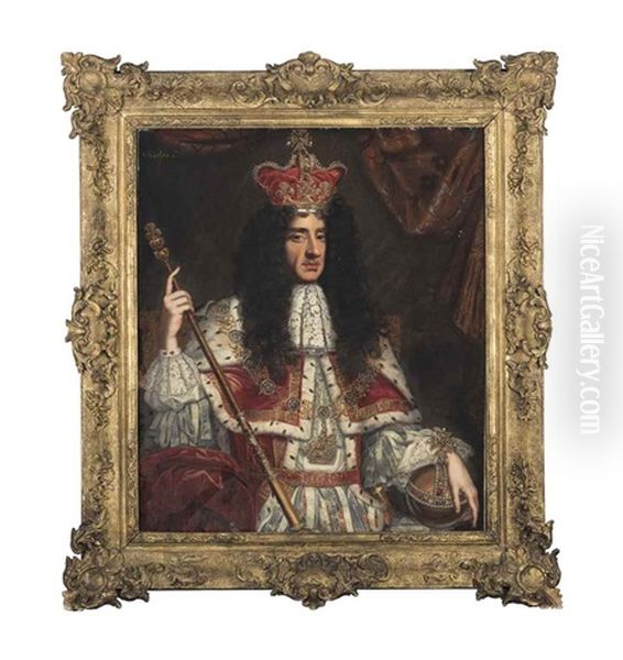 Portrait Of King Charles Ii (1630-1685), Half-length, In Coronation Robes Holding An Orb And Scepter Oil Painting by Benedetto Gennari the Younger