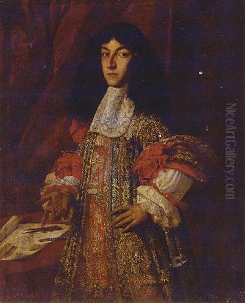 Portrait Of An Architect In A Blue, Red And Gold Jacket With A Lace Jabot Pointing To Plans And His Instruments On A Table Oil Painting by Benedetto Gennari the Younger