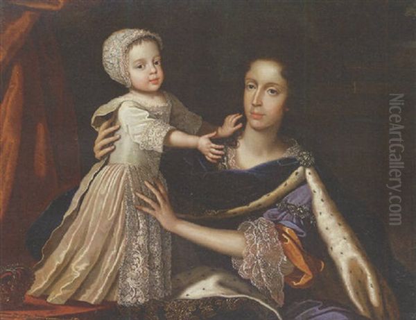 Portrait Of Mary Of Modena In A Purple Dress With A Blue Velvet Mantle, And Her Son, James Francis Edward, Prince Of Wales Oil Painting by Benedetto Gennari the Younger