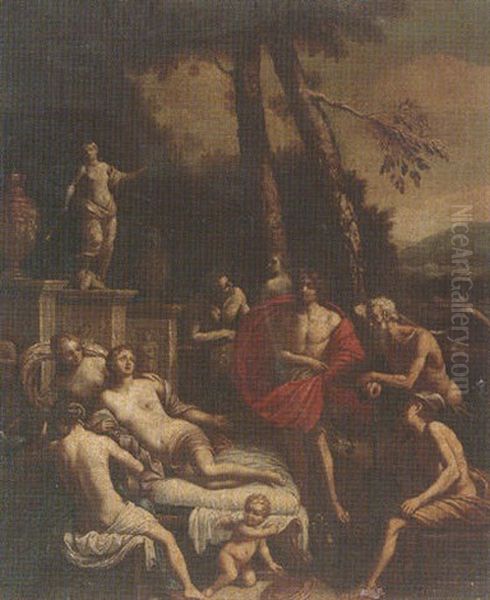 A Mythological Subject With Venus Reclining Before Apollo, In The Presence Of Mercury And Father Time by Benedetto Gennari the Younger