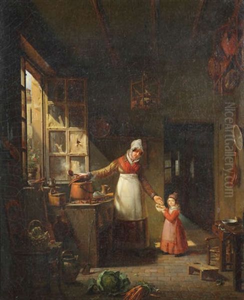 Scene De Cuisine Avec Mere Et Enfant Pres D'une Fenetre Ouverte Oil Painting by Michel Philebert Genod