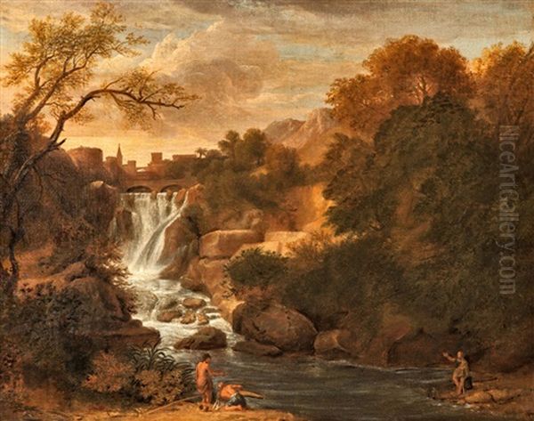 View Of The Waterfalls At Tivoli Near Rome Oil Painting by Abraham Genoels