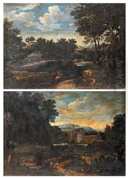 Cavaliers Dans Un Paysage, Patre Se Reposant Au Bord D'un Chemin Longeant Un Chateau (pair) Oil Painting by Abraham Genoels